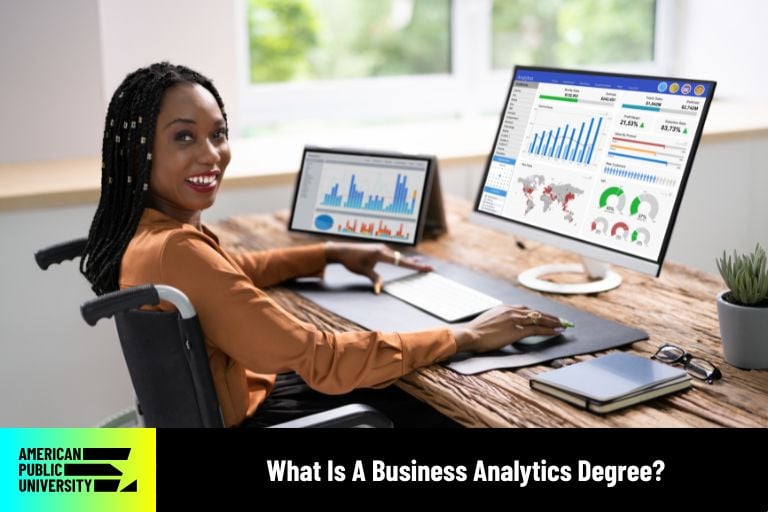 business analytics degree student at computer