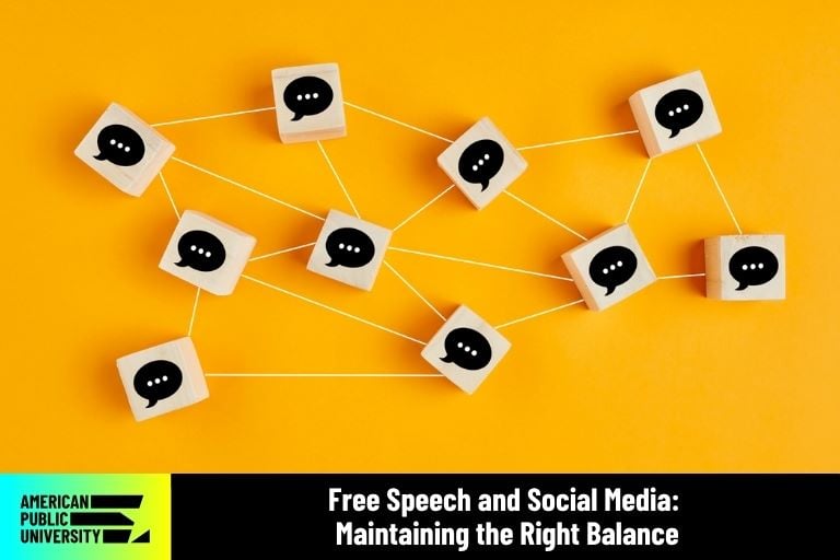 speech-and-social-media speech icons on wooden blocks connected with string