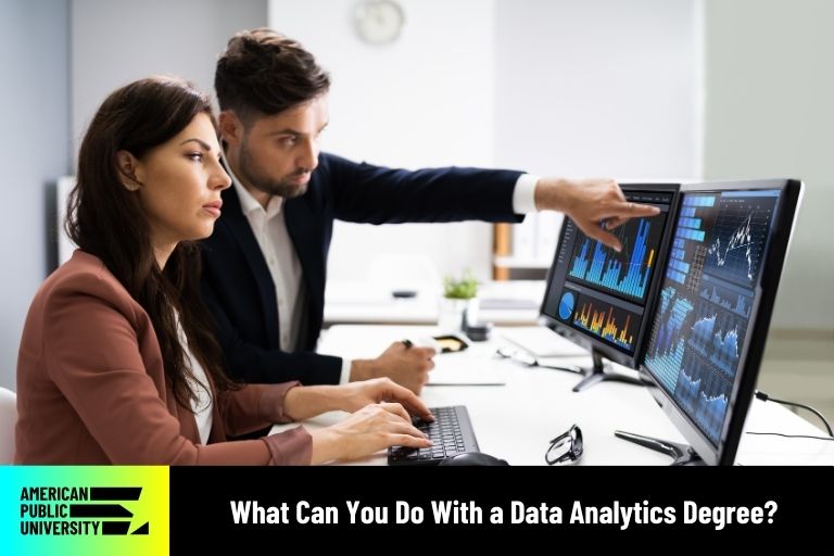 what-can-you-do-with-a-data-analytics-degree data analytics degree professionals looking at computer